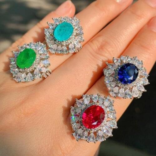 2021 New 925 Sterling Silver 8*10mm Tanzanite Paraiba Tourmaline Ruby Emerald Lab Diamond Rings For Women Cocktail Fine Jewelry
