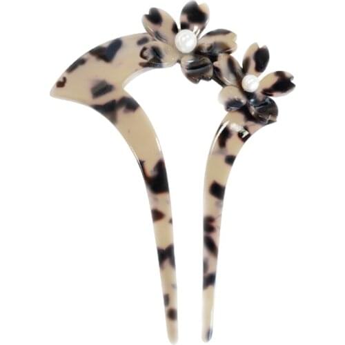 Japanese Style Celluloid Acetate Hair Stick Fork Vintage U-Shaped Tortoise Shell Updo Chignon Pin 3D Floral Pearl Jewelry Bun Ho