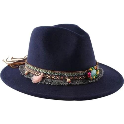 Men and Women Solid Color Autumn and Winter Retro Felt Tweed Wide Brim Panama Hat With Buckle Ethnic Jazz Hat With Decoration