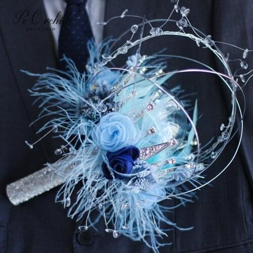 PEORCHID Blue Rose Crystal Bouquet Bridal Jewelerry flower For Bride Feather Crown Wedding Custom Bouquet With Groom Corsage