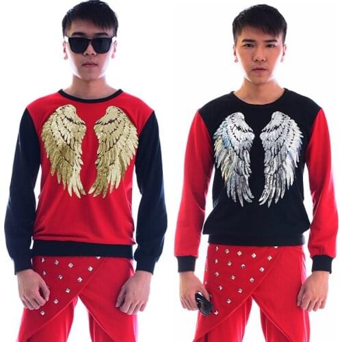 Christmas Nightclub Bar MenS Long-Sleeved Sequined Wings T-Shirt Hip-Hop Drum Personality Trend Jazz Dance Costume Male DWY2729