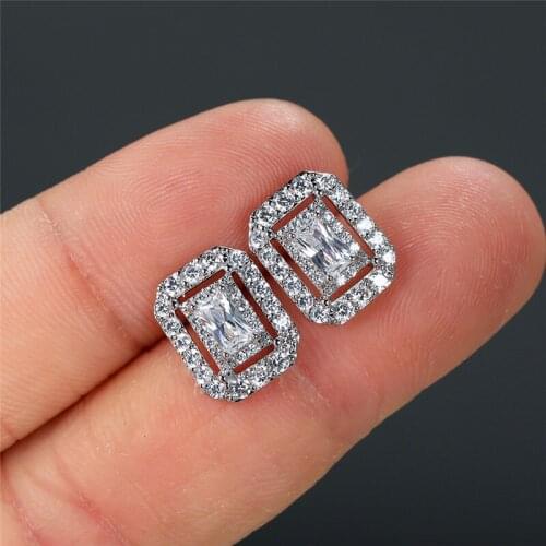 Female Luxury Crystal Small Stud Earrings White Zircon Square Stone Earrings Charm Bride Silver Color Wedding Earrings For Women