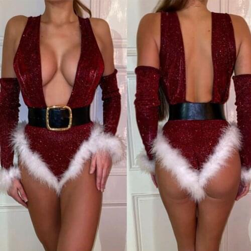 Hot Sexy Women Christmas Outfit Red Velvet Bodysuit Dew Breast Passion Temptation One-piece With belt Christmas Sexy Underwear
