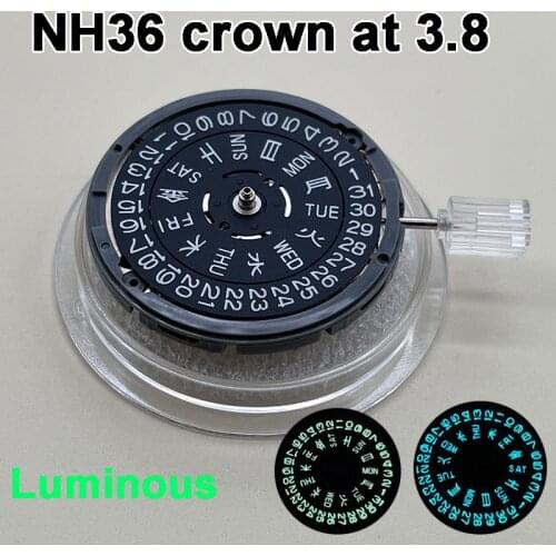 SEIKO Luminous Automatic Movement NH36/NH36A Self-winding Mechanical Date/Day Setting 24 Jewels Crown at 3.8 Watch Replacements