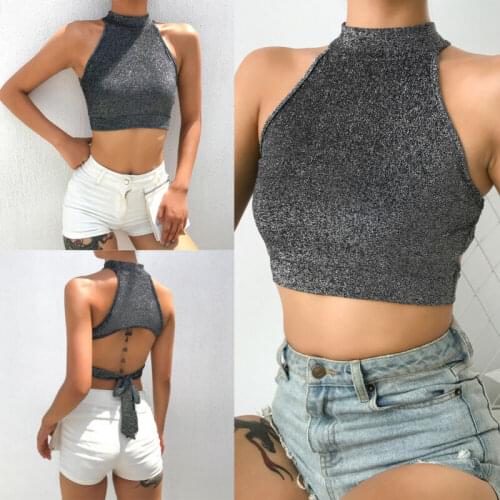 Summer Womens Sleeveleess Sexy Backless Off-shoulder Tube Crop Tops Strapless Hollow-out Hang Neck Bow Tank Vest Top