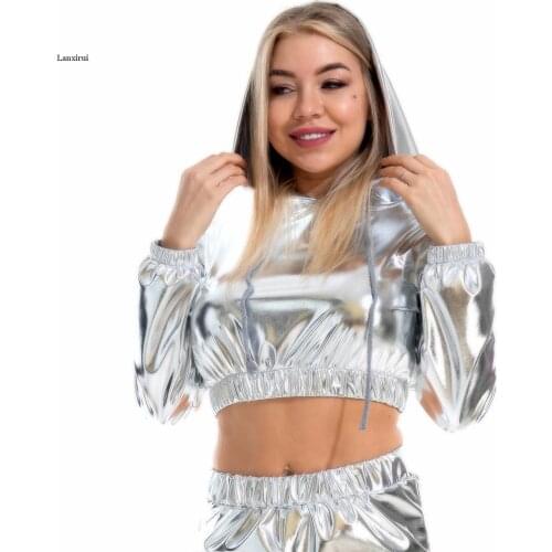 Cropped Holographic Hoodies Women Shiny PU Metallic Hoody Long Sleeve Short Sweatshirt with Drawstring Pullovers Streetwear 2020