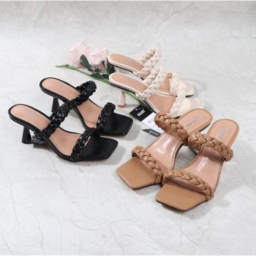 PU Women Weave Sandals Sexy Ladies High Heels Roman Shoes Summer Black Beige Khaki Square Toe Female Sandals