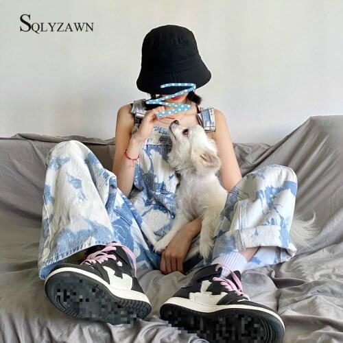 Summer Tie Dye Button Women Denim Jumpsuit Retro Blue Sky Print Strappy Backless Overalls Elegant Sleeveless Sexy Loose Romper