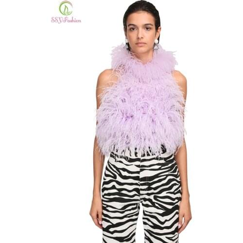 SSYFashion new handmade Ostrich feather top sexy halter sleeveless womens tops