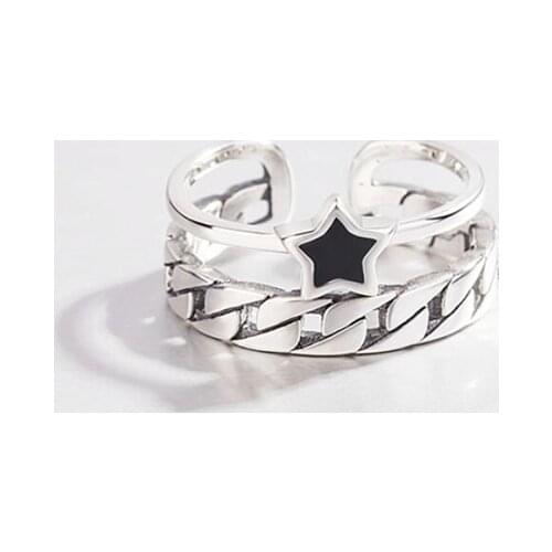 Double Layer Star Retro 925 Sterling Silver Temperament Literary Personality Fashion Female Resizable Opening Rings SRI131