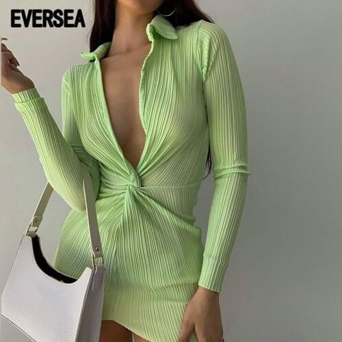 Eversea y2k Green Or Black Sexy Knot Skinny Shirt Turn Down Collar Dress Women Elegant Autumn Korean Fashion Wrap Mini Dress