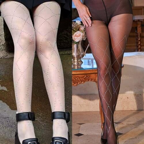 2021 Sexy Women Pantyhose Shiny Fishnet Stocking Hollow Mesh Diamonds Plaid Tights Leggings Meat Rhinestone Stockings
