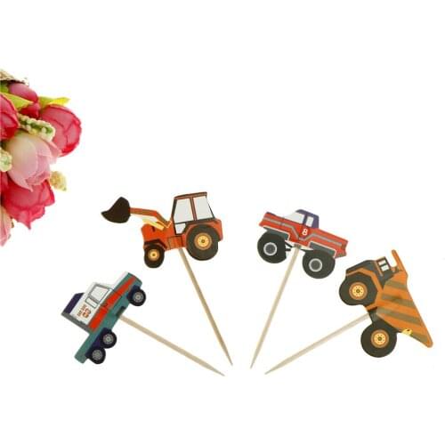 24Pcs Kids Cartoon Car Truck Excavators Cupcake Toppers Pick Child Boy Birtay Party Wedding Cake Flag Decoration Supplies Gift