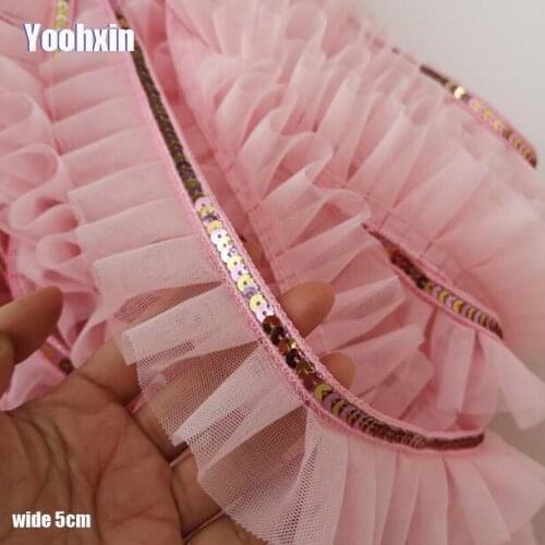 5CM Wide HOT Embroidery pink sequin flower lace fabric trim ribbon DIY sewing applique collar Women dress wedding guipure decor