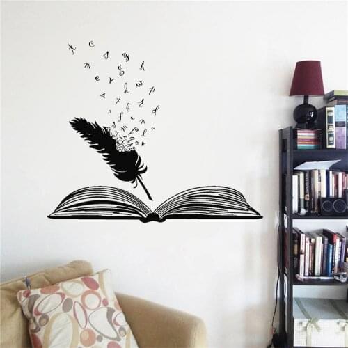 Library Study Wall Decal Vinyl Open Book Feather Words Literature Writer Art Wall Stickers School Decoration Accessories Z438