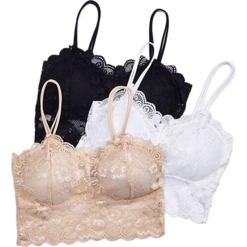 Free Size Sexy Wirefree Bralette Padded Lingerie Women Crop Tops Bra White Black Apricot Summer Lace Floral Tank Top Underwear
