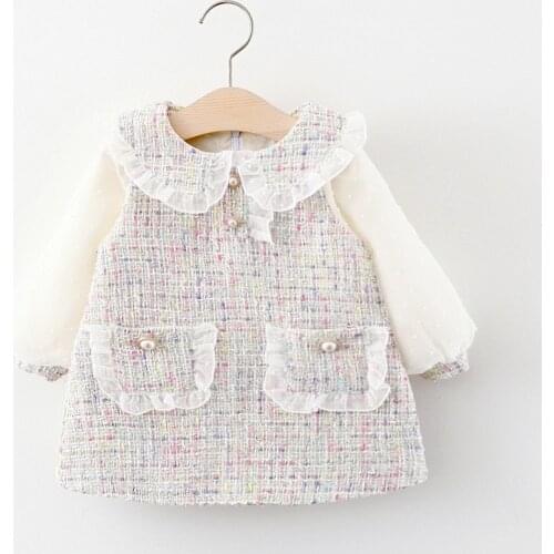 FOCUSNORM 0-3Y Autumn Princess Girls Party Dress Long Puff Sleeve Peter Pan Collar Lace Ruffles Pocket A-Line Dress