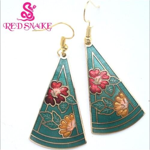 RED SNAKE Fashion Jewelry Cloisonne Enamel Drop Earrings Charm Amazing Beautifully Green background Cone Shaped Flowers