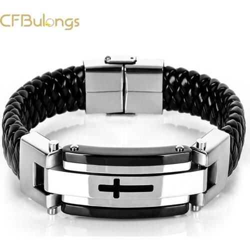 CFBulongs Classic Cross Stainless Steel Braided Leather Mens Bracelet Casual Wristband Punk Jewelry Christmas Gift