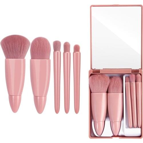 Makeup Brushes Set Portable 5Pcs Multi-Function Set With Mirror Soft Hair Loose Powder Brush Blush Foundation Eye Shadow Brush