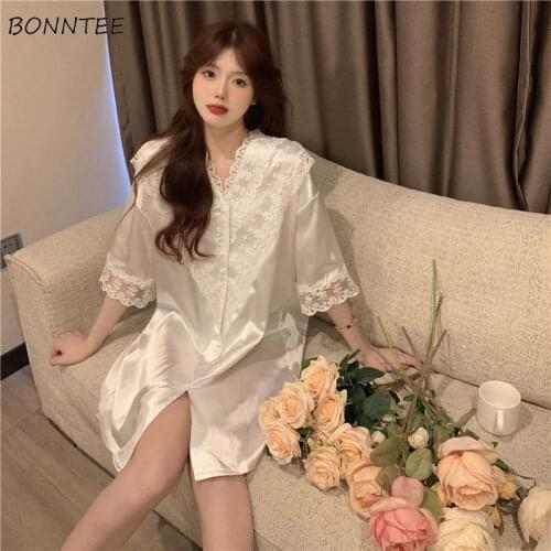 Nightgowns Women V-Neck Solid Nightwear White Elegant Soft Tender Homewear Preppy Summer Ins Stylish Sleepwear Princess Style