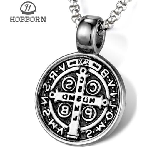 HOBBORN Saint Benedict of Nursia Necklace Men Women Catholicism Virgin Mary Necklaces & Pendants Titanium Steel Religion Jewelry