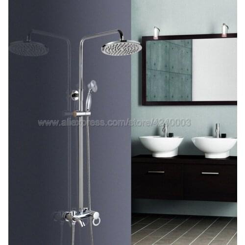 Polished Chrome Square Rainfall 8" Bath Shower Mixer Faucet Set Wall Mounted with Hand Shower Tub Spout Shower Taps Krs334