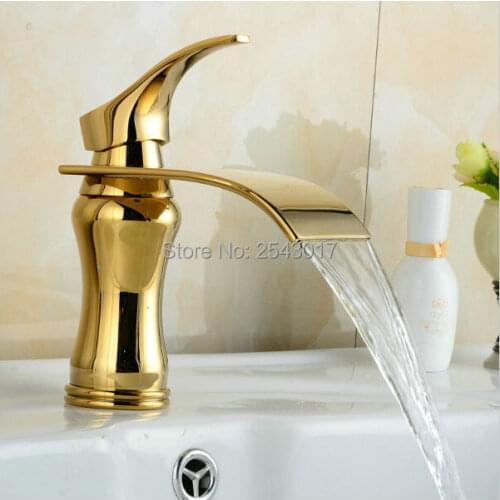 Bathroom Waterfall Faucet Golden Polished Basin Sink Mixer Tap Vanity Water Taps Bathroom Faucets Deck Mount ZR459