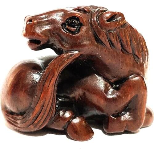 Y6470 - Collectible 20 Years OLD 2" Hand Carved Ebony Ironwood Netsuke - Horse Rest