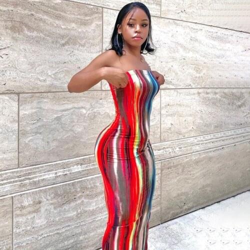 Women Printed Tube Dress Sleeveless Tube Top Sim Fit Off Shoulder Long Dress Slim Sexy Clothes Summer Female Ladies Casual New