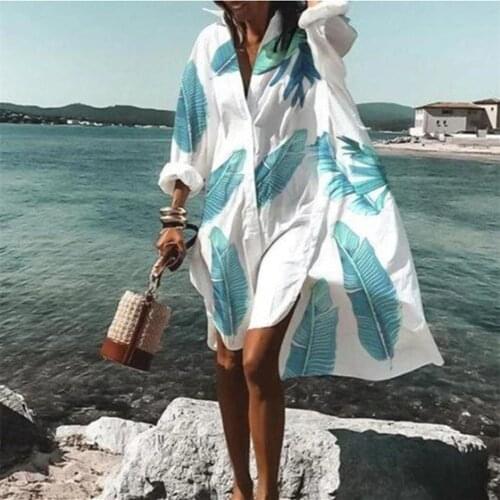2021 Women Vintage Floral Printed Long Sleeve Shirt Dress Summer Loose Dress Plus Size Bohemian Vestidos Elegant Beach Sundress