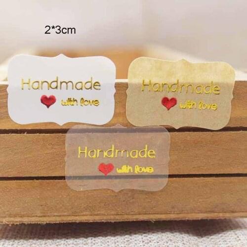100PCS Diy gold foil sticker label tag Vintage kraft Handmade with love self adhesive sticker label tag clear pvc sticker label