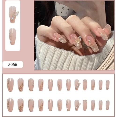 24Pcs/Set False Nails 3D Bow Printed With Pearl Inlaid Glue Type Removable Long Paragraph Fashion Manicure DIY Nail Art NN
