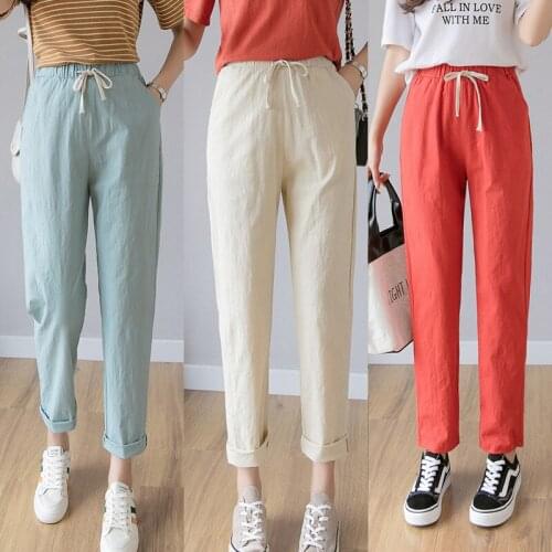 Casual Ankle-length Pants Womens Cotton and Linen Trousers 2021 Summer Autumn Solid Elastic Waist Lace-up Pencil Harujuku Pants
