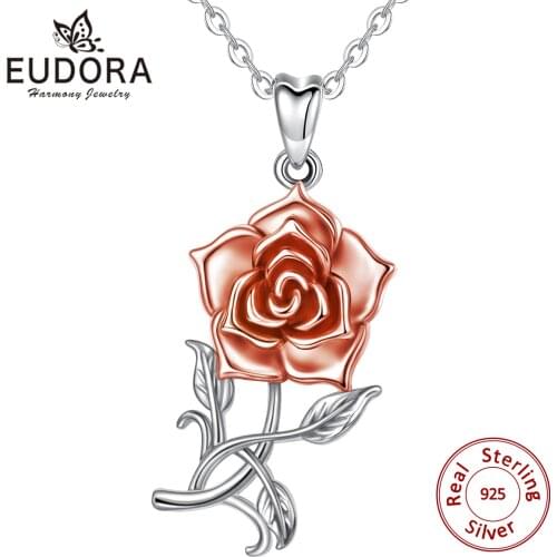 Eudora Unique 925 Sterling Silver Rose gold Rose Lover Pendant Necklace with Gift box Oxidized Vintage jewelry For Party Gift