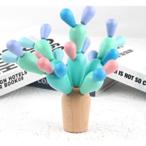Wooden Balancing Cactus Toy Montessori Macarons Tree Stacker Wooden Blocks Cactus Toy Learn Basic Math Coordination Play Toy