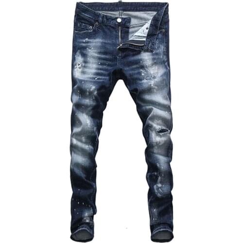 Italian Vintage Fashion Men Jeans Retro Dark Blue Slim Fit Ripped Jeans Men Streetwear Painted Designer Hip Hop Denim Punk Pants