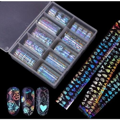 10Rolls/Bottle Holographic Laser Nails colorful laser flame pattern flower alphabet series Stickers Mix Pattern Manicure DIY New