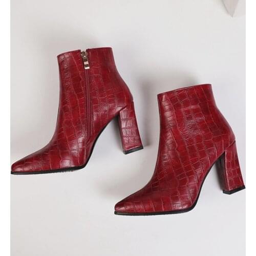 Good Quality Big Plus Size 46 47 Women Ankle Short Boots Black Red White Block Heels Woman Booties Crocodile Snake Pattern Shoes