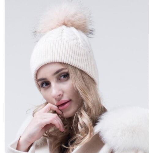 Janefur Women Winter Beanies Hat Knitted Real Fur Pompom Hat Fashion Thick Skullcap Designer Bonnet