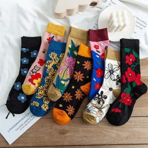 Colorful Retro Flower Socks Women Spring Autumn Wear Kawaii Funny Vines Cat Print Fashion Harajuku Casual Cotton Sock