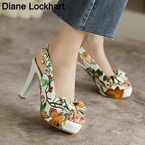 Summer Pumps Women Bow Thick Bottom Sandals Ladie Party Dress Shoes Flower Print Fish Mouth High Heels Female Zapatos De Mujer