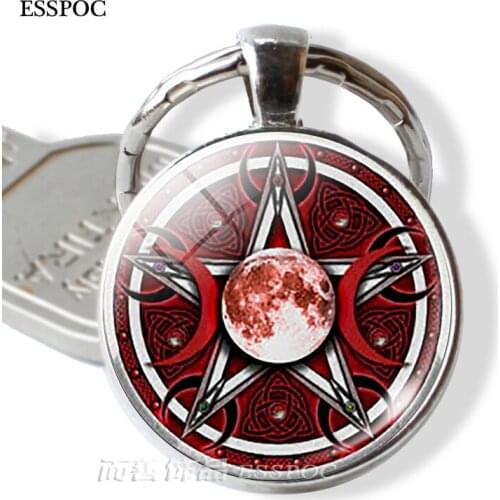 Fashion Triple Moon Goddess Wicca Pentagram Magic Keychain Amulet Glass Dome Key Chain Ring Keyholder Men Cool Jewelry Gift