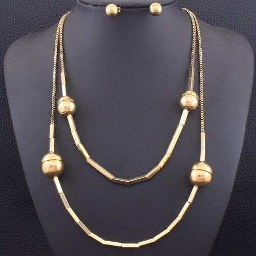 Fashion Sweater Chains Gold Color Necklace Round Ball Pendant & Stud Earrings Stainless Steel Jewelry Sets For Women SEDZAZDA1