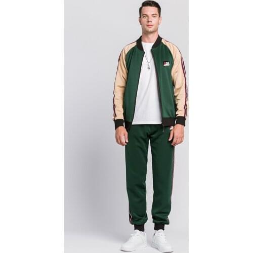 Mens Sport Suit Classic Colorblock Retro Design Cartoon Badge Cardigan with Pencil Trousers Contrast Stand Collar Sports Suit