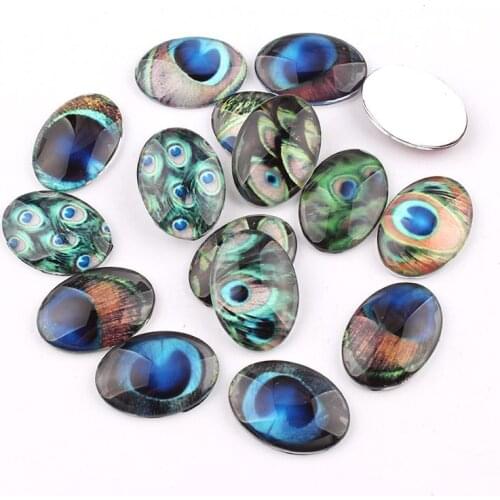 Oval Mix Style Little Feather 16pcs GlassCabochon 18x25mm Flatback Dome Cabochon Base Setting DIY Accessories Jewelry