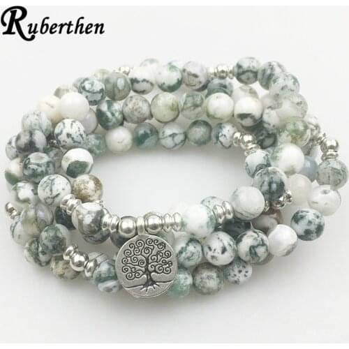 Ruberthen New Design 108 Mala Yoga Bracelet Women Natural Stone Tree of Life Jewelry Meditation Tree Pattern Stone Bracelet