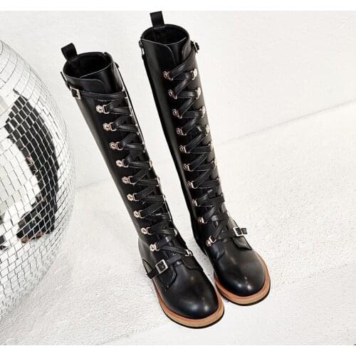 British Solid Round Toe Belt Buckle Corss Tied Womens High Boots Fashion Winter Genuine Leather Side Zip Female Knight Boots