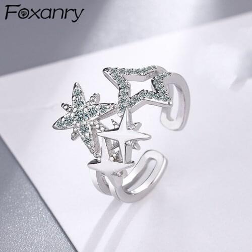 FOXANRY 925 Sterling Silver Wedding Rings for Women Accessories Trendy Elegant Sparkling Star Zircon Bride Jewelry Girl Gifts