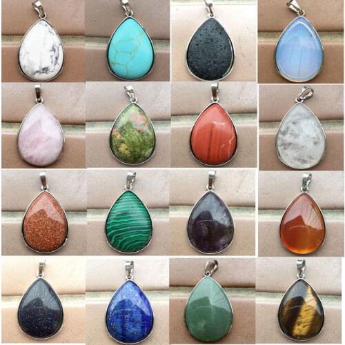 Tiger Eye Crystal Aventurine Lapis Lazuli Howlite Opal Malachite Unakite Blue Sand Goldstone Water Drop Pendant Bead PWB840